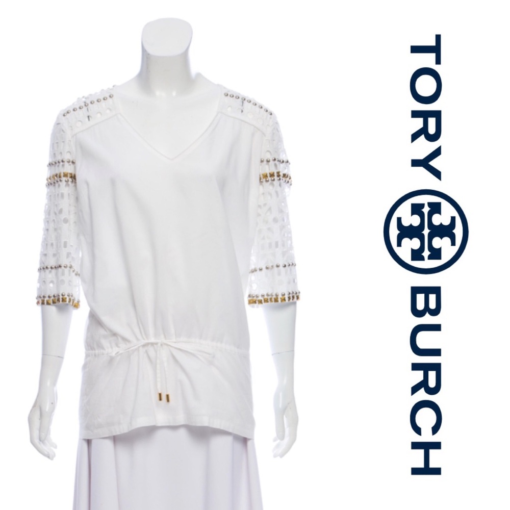 Tory Burch White Embellished Cutout Tunic Top